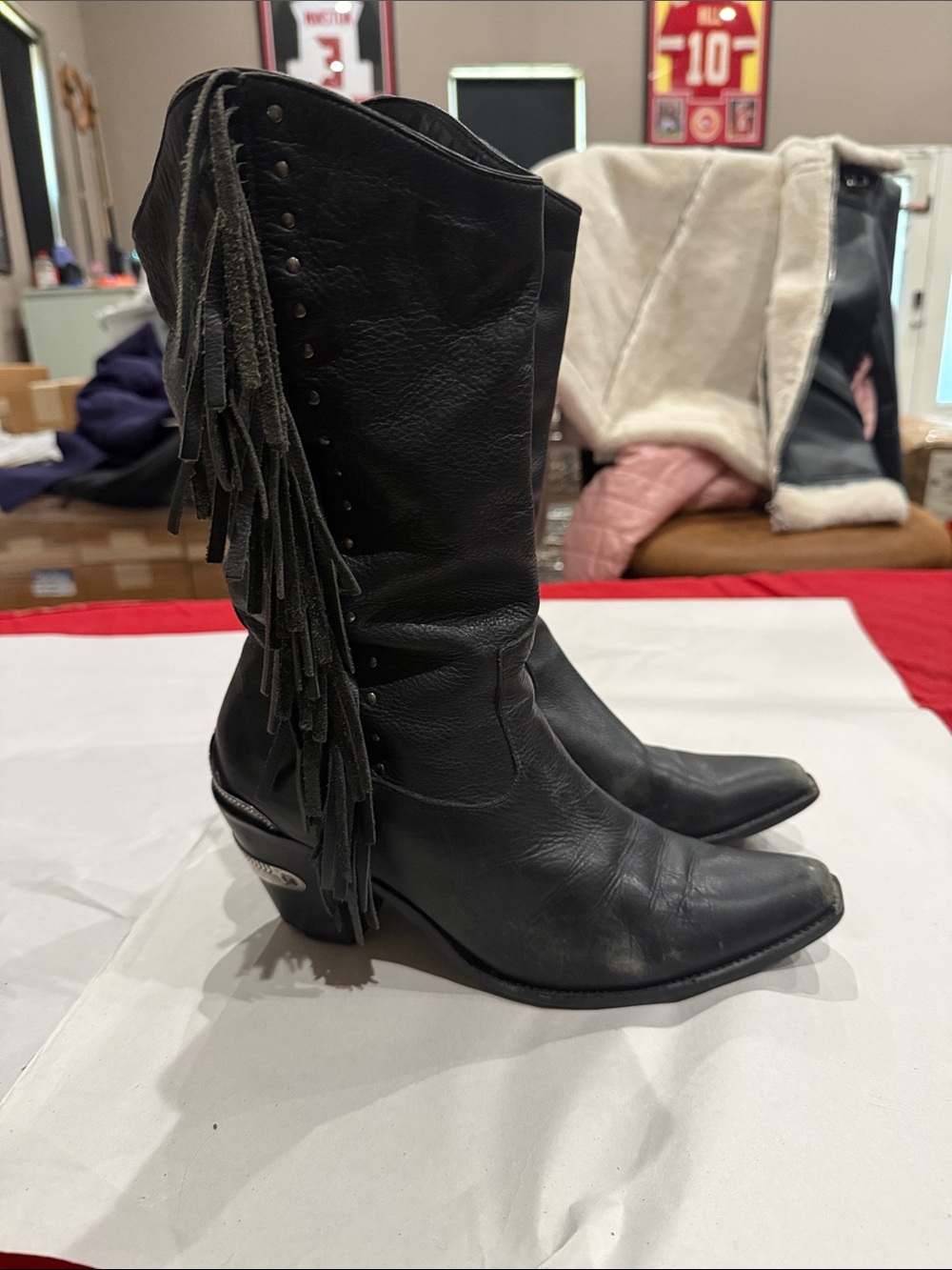Fringe Accent Black Leather Western Heeled Boots - Women
